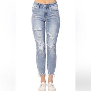 Judy Blue Light Blue Distressed Confetti Paint Splatter Boyfriend Jeans